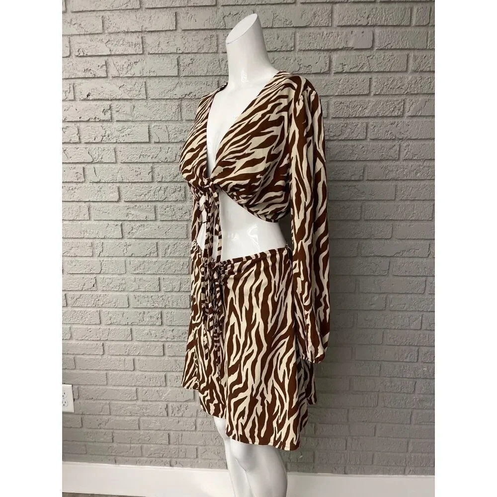Style Rack Women's Brown / Cream Zebra Print 2 PCS Tie Top Skirt Set Size L NWT